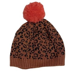 Hanna Andersson Girls Knit Hat, Leopard Print, Orange Pom, Size L